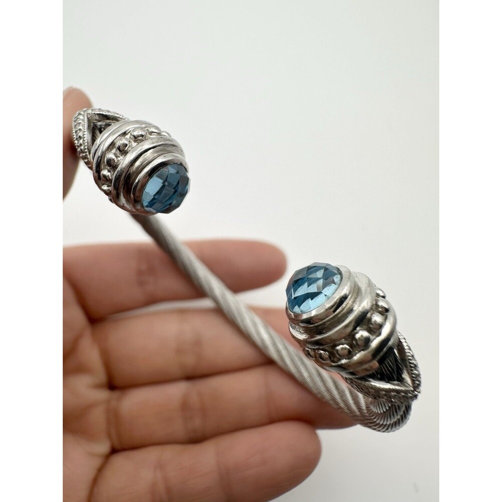 925 Sterling Silver Steel Blue Topaz Genuine Diamond Wire Cuff Bracelet